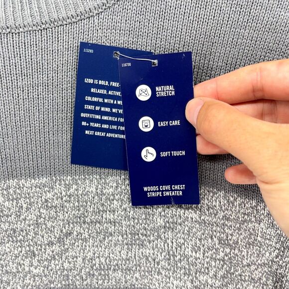 IZOD Woods Cove Chest Stripe Sweater Crew Neck Med Gray Heather Mens Size S NEW - Picture 7 of 10